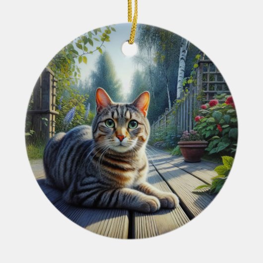 Curieuze Tabbykat Aandenken Keramisch Ornament (Voorkant)