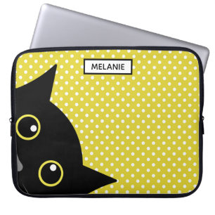 Curieuze zwarte kat gele wandelwand gepersonalisee laptop sleeve