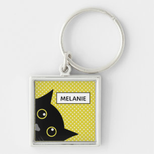Curieuze zwarte kat gele wandelwand gepersonalisee sleutelhanger