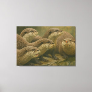 Curious Company – Otter Family On The Rocks beroem Canvas Afdruk