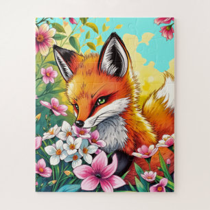 Curious Fox in een bloementuin voor kinderen Legpuzzel
