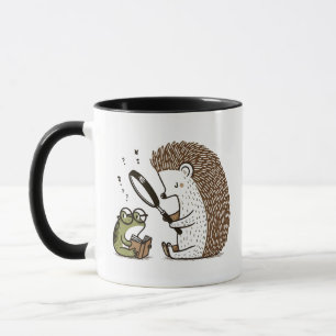 Curious Hedgehog Observing a Bookish Frog Mok