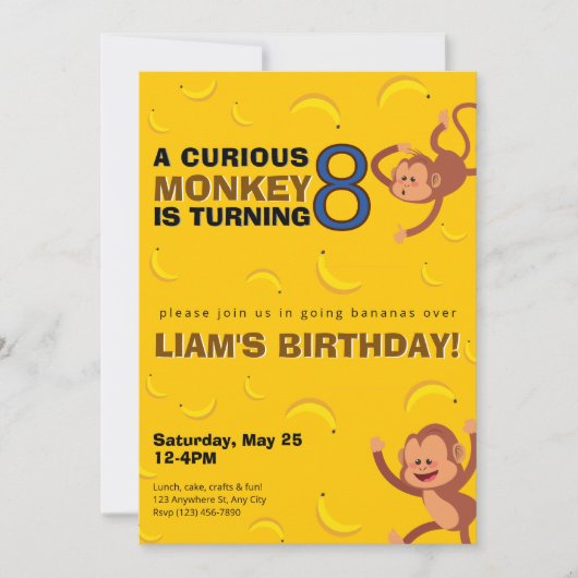 Curious Monkey Birthday Invite | Banana Jungle Kaart (Voorkant)