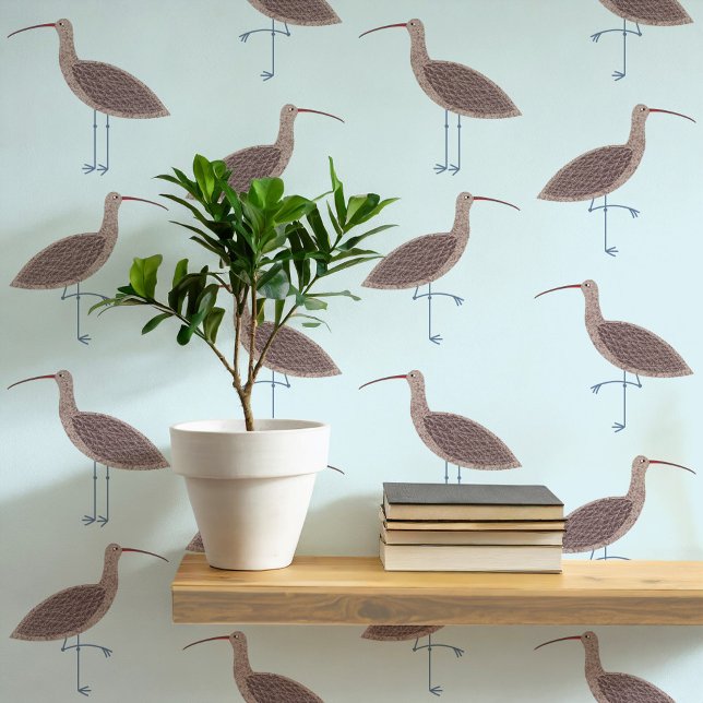 Curlew Bird Coastal Pattern Behang (Curlew coastal bird pale blue art peel and stick wallpaper)