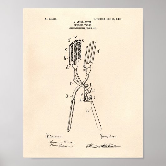 Curling Tangen 1908 Patent Art Old Peper Poster (Voorkant)