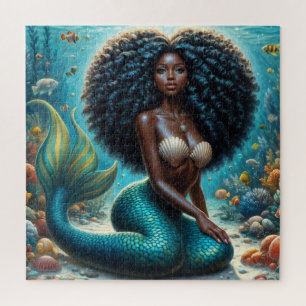 Curly-Haired Zwarte Zeemeermin Onderwater Art Legpuzzel
