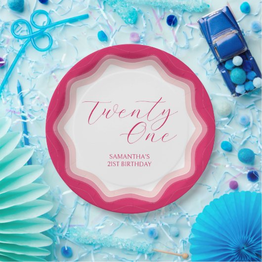 Curly Wavy Roze Retro 21e Verjaardag Sticker Papieren Bordje (Feest)