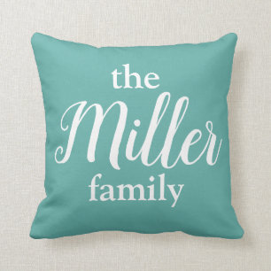 Curly White Text & Blauwgroen Family Monogram Pill Kussen