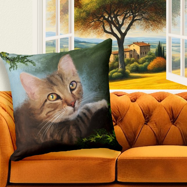 Cursief Kat Fine Art Pillow Kussen (Pillow featuring a painting of a cute kitty that climbed a tree to get a closer look of the heavens)