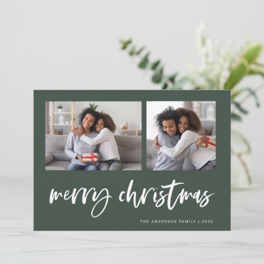 Cursief Twee Foto Raster | Prettig Kerstfeest Feestdagenkaart (Staand voorkant)