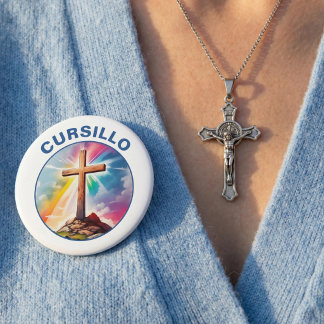 Cursillo Houten Kruis Met Regenboog en Wolken Ronde Button 4,0 Cm