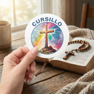 Cursillo Houten Kruis Met Regenboog en Wolken Ronde Sticker