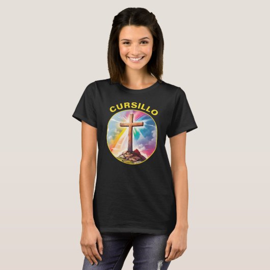 Cursillo Wood Cross met regenboog en wolken T-shirt (Voorkant volledig)