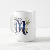 Cursive M – Elegant Blue & Gold Monogram Koffiemok (Voorkant links)