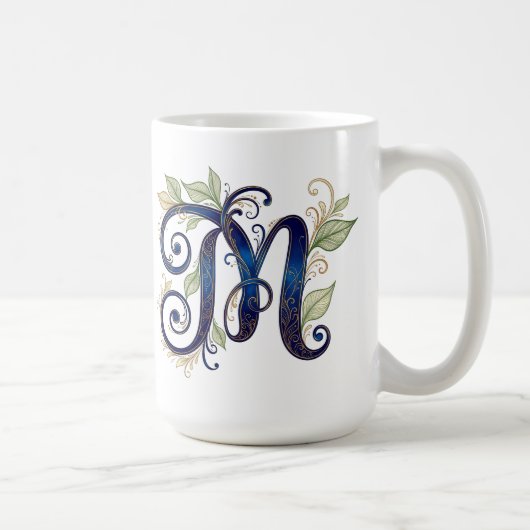 Cursive M – Elegant Blue & Gold Monogram Koffiemok (Rechts)