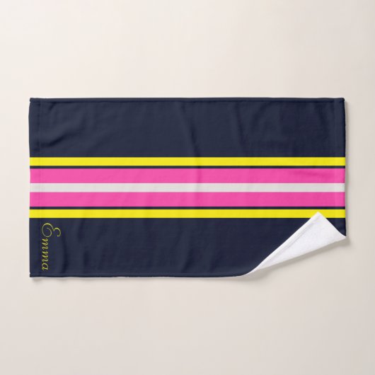 Cursive Navy Jaune Et Rose Chaud Rayé  (Serviette à main)