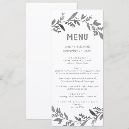 Curved Branches | Silver Dinner Menu Kaart (Voorkant / Achterkant)