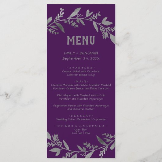 Curved Branches | Silver Dinner Menu Kaart (Voorkant)