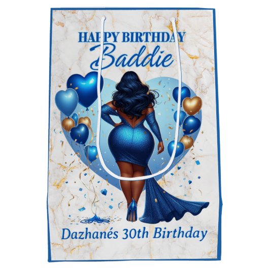 Curvy Afro-Amerikaanse Vrouw Blauw Glam Verjaardag Medium Cadeauzakje (Achterkant)