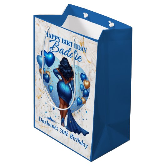 Curvy Afro-Amerikaanse Vrouw Blauw Glam Verjaardag Medium Cadeauzakje (Achterkant Gekanteld)