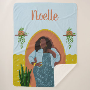 Curvy, Black Woman, Houseplant, Mustard & Blue Sherpa Deken
