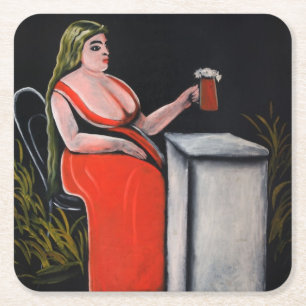 Curvy Vrouw met een Mok Beer Vierkante Kartonnen Onderzetter