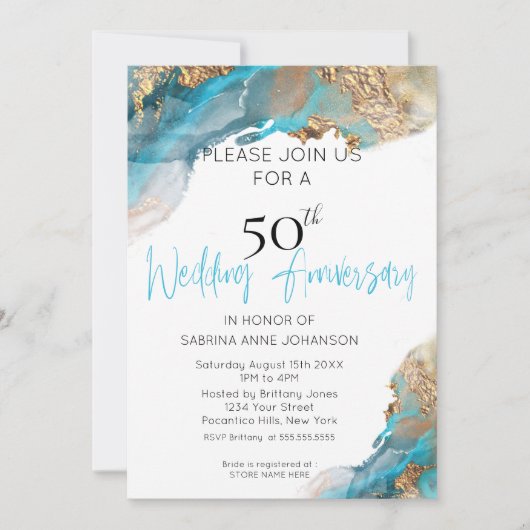 Custom2 50th W Jubileum Blauwgroen en Goud Abstrac Kaart (Voorkant)