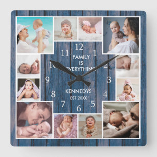 Custom 12 Familie Foto Collage Nautisch Blauw Hout Vierkante Klok