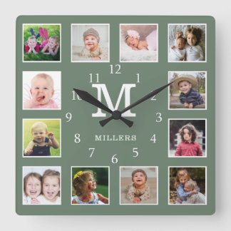 Custom 12 Photo Collage Family Name Monogram Green Vierkante Klok