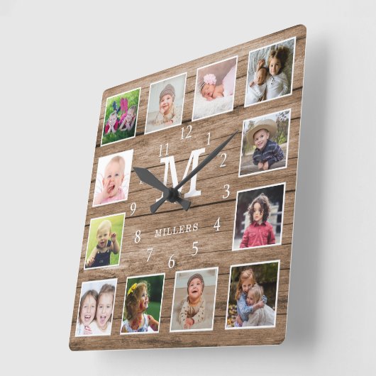 Custom 12 Photo Collage Family Name Monogram Wood Vierkante Klok (Hoek)