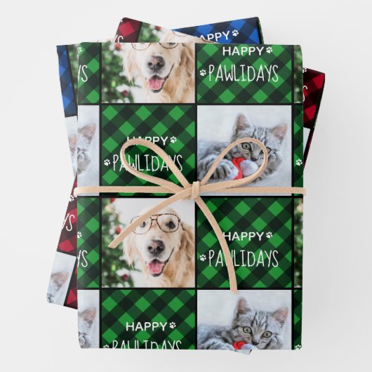Custom 2 Pet Photo Happy Pawlidays Buffalo Pset Inpakpapier Vel (In situ)