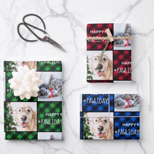 Custom 2 Pet Photo Happy Pawlidays Buffalo Pset Inpakpapier Vel (Voorkant)