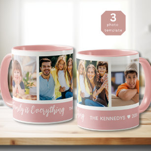 Custom 3 Photo Collage Familienaam Quote Roze Mok