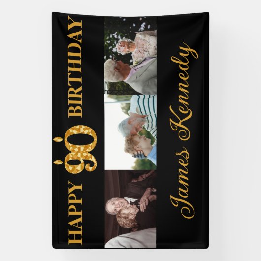 Custom 3 Photo Collage Happy 90th Birthday Party Spandoek (Verticaal)