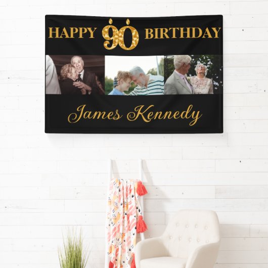 Custom 3 Photo Collage Happy 90th Birthday Party Spandoek (Insitu)