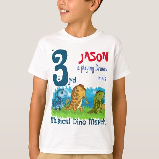 Custom 3e verjaardag musical Dino maart T-shirt (Voorkant)