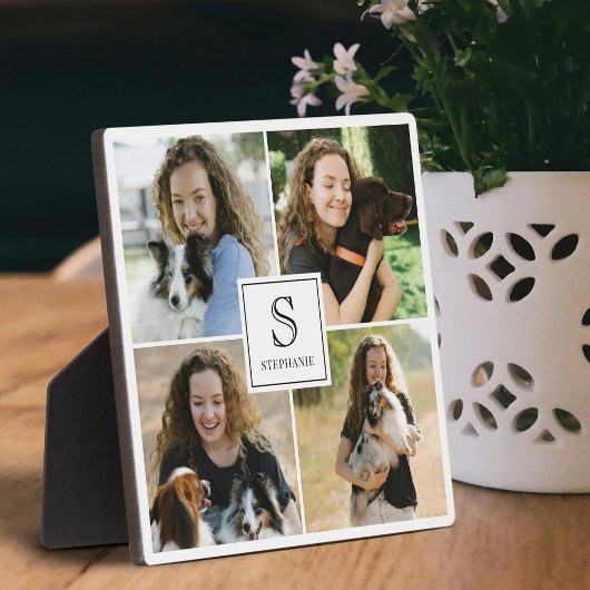 Custom 4 Photo Collage with Monogram and Name Fotoplaat