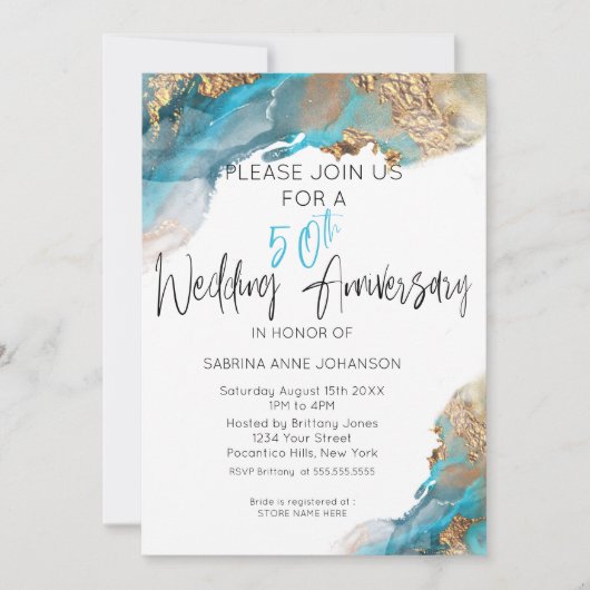 Custom 50th W Jubileum Blauwgroen en Goud Abstract Kaart (Voorkant)