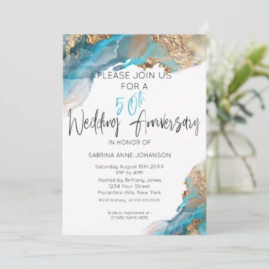 Custom 50th W Jubileum Blauwgroen en Goud Abstract Kaart (Staand voorkant)