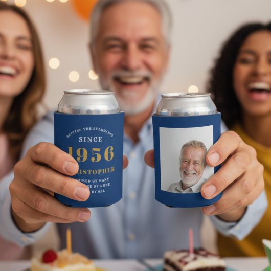 Custom 70th Birthday Blue Gold With Photo Blikjeskoeler