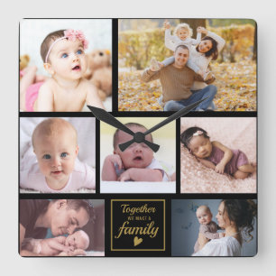 Custom 7 Photo Collage Gold Family Quote Black Vierkante Klok