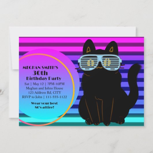 Custom 80's Neon Blast Cool Cat Throwback Party Kaart (Voorkant)