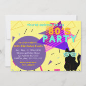 Custom 80's Retro Black Cat Throwback Party Kaart (Voorkant)
