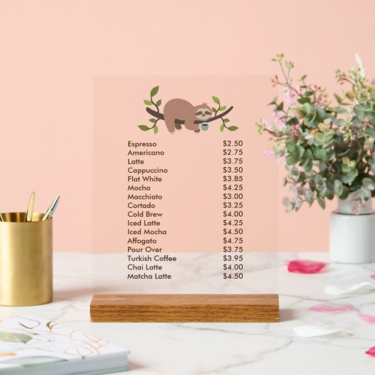 Custom Acrylic Pedestal Menu Sign with Sloth (Mariage)