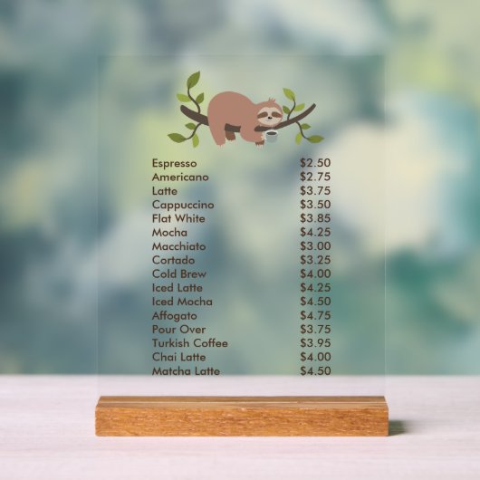 Custom Acrylic Pedestal Menu Sign with Sloth Acryl Bord (Neutraal)
