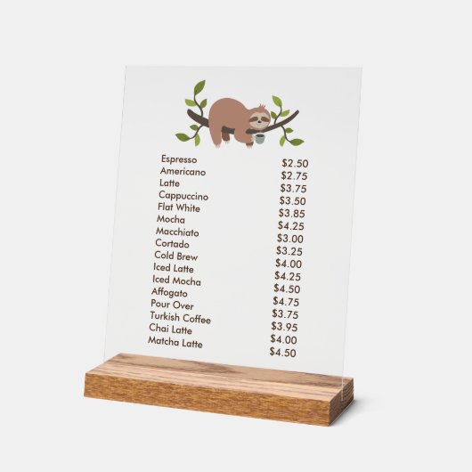 Custom Acrylic Pedestal Menu Sign with Sloth  Acryl Bord (Hoek)