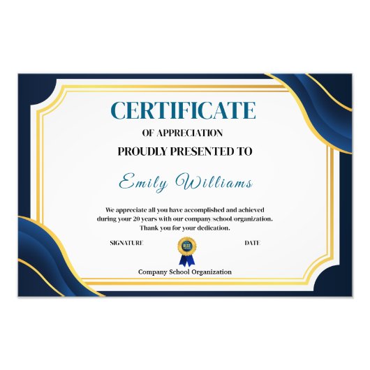 Custom Appreciation Achievement Gold Certificaat P Foto Afdruk (Voorkant)