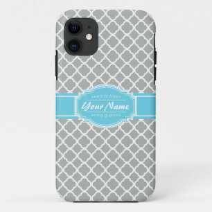 Custom Aqua and Silver Grey Moroccan Quatrefoil iPhone 11 Hoesje