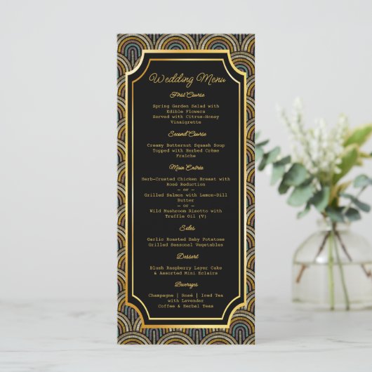 Custom Art Deco Embroidered-Style Wedding Menu (Debout devant)