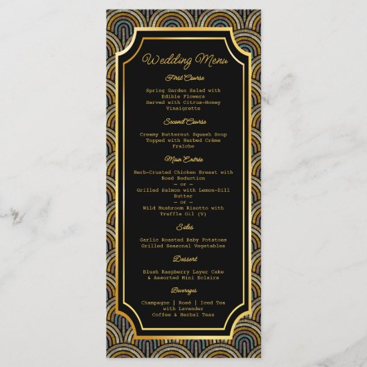 Custom Art Deco Embroidered-Style Wedding Menu (Devant)